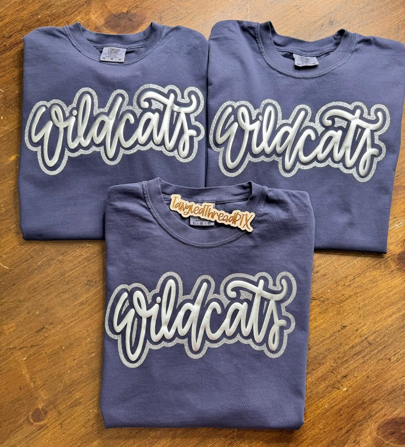 Navy Script White Wildcats PUFF Outlined Silver Glitter