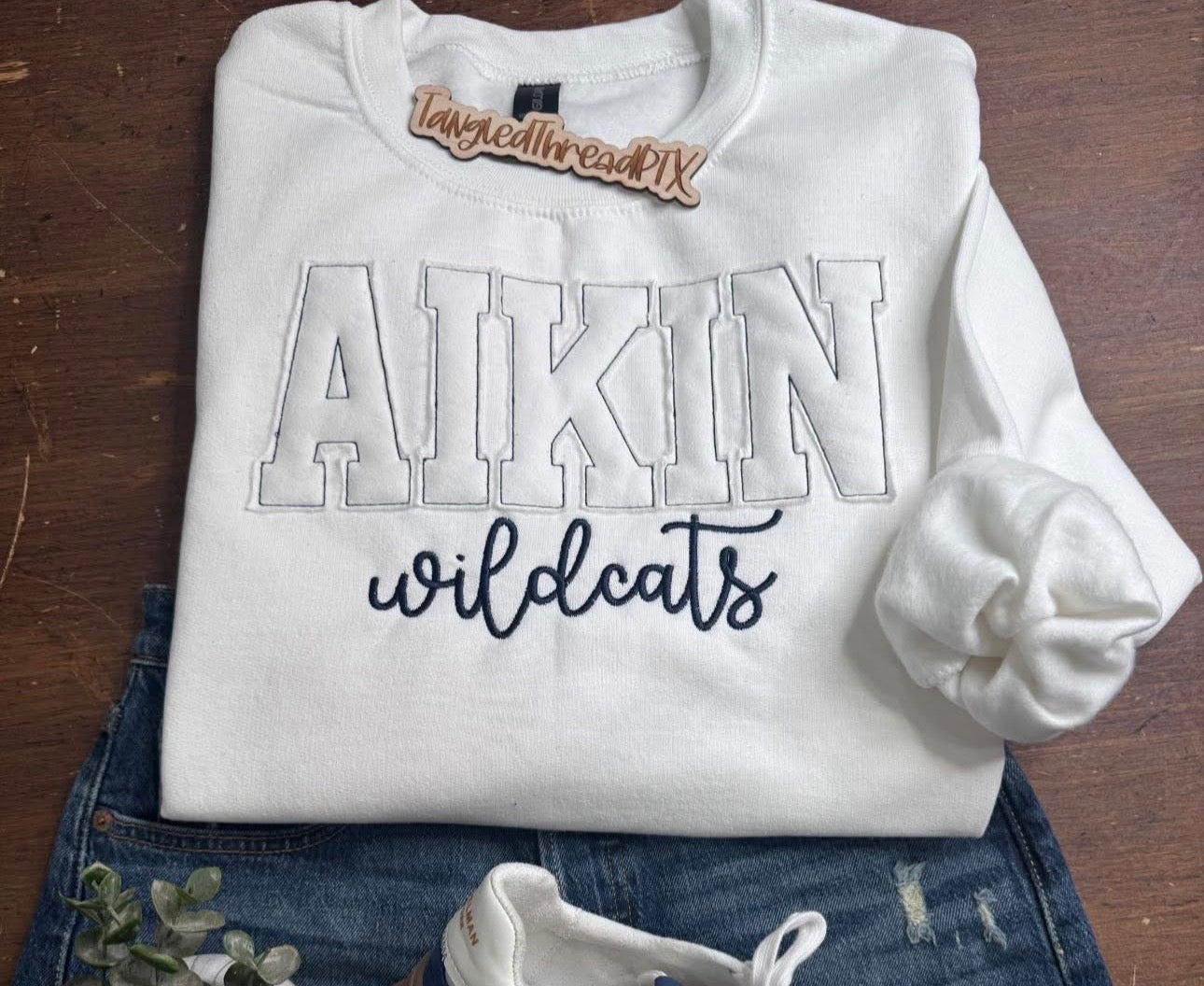 White AIKIN Wildcats  Raggy Crewneck - Embroidered